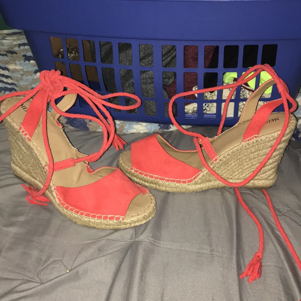 coral lace up wedge sandals
